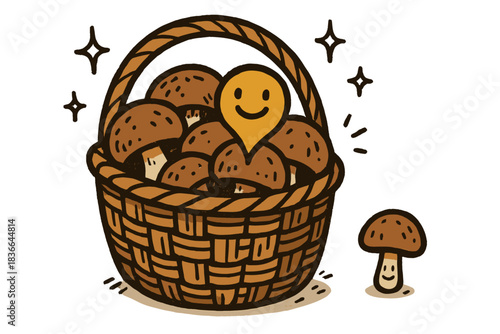 Playful Mushroom Basket. A basket containing mushrooms with a cheerful “never take all” icon, one tiny mushroom left smiling,