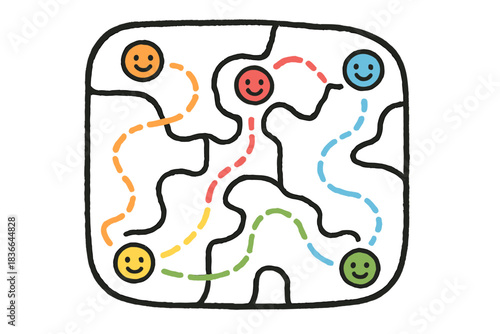 Playful Strategy Trails. minimap with tiny smiling player icons leaving colorful movement trails, playful doodle style showing