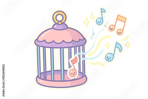 Floating Sound Cage. A small cage floating midair designed to trap a sound, with playful notes and glowing lines escaping,