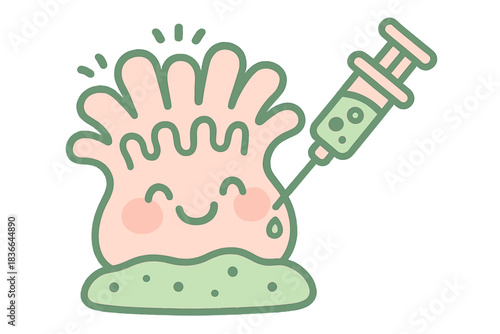 Coral Polyp Health Boost. A tiny syringe administering probiotics to a happy stressed coral polyp, soft rounded edges, limited