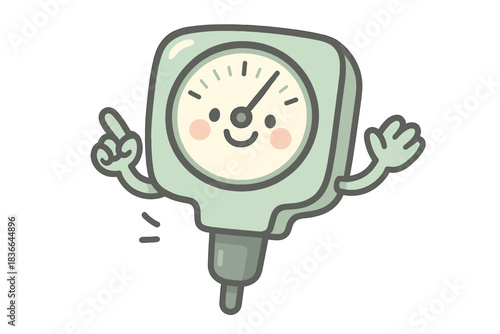 Cheerful pH Meter. A friendly cartoon pH meter pointing to the "perfect" acidity level, smiling face on the dial, soft rounded