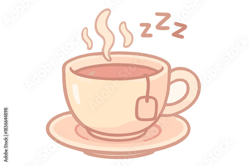 Sleepy Tea Bliss. A steaming cup of tea with a sleepy "zzz" floating above, soft rounded shapes, limited pastel pink and cream