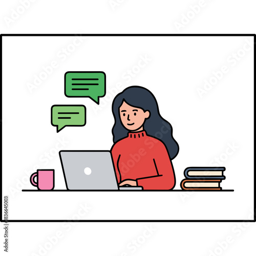 A Young Woman With Dark Wavy Hair Wearing A Red Turtleneck Sweater Works On A Laptop Computer Surrounded By Books And A Coffee Mug In A Well Lit Room