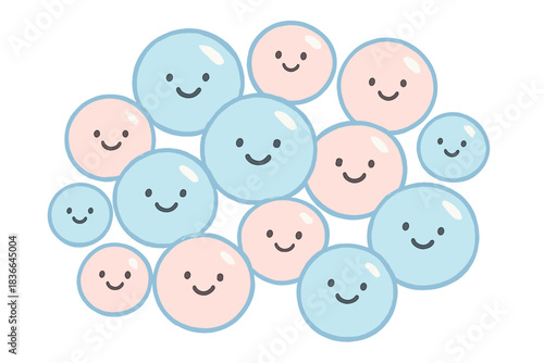 Cheerful Bubbly Faces. A cheerful cluster of bubbles representing a lively group, tiny smiling faces inside each bubble, soft