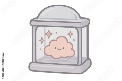 Playful Sparkle Showcase. A playful display case for a "forgotten rumor" with tiny smiling sparkles, soft rounded doodle style,