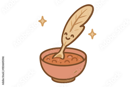 Quill Taste Test. A cheerful "taste test" icon of a smiling quill dipping into a friendly stew, tiny sparkles around, soft rounded
