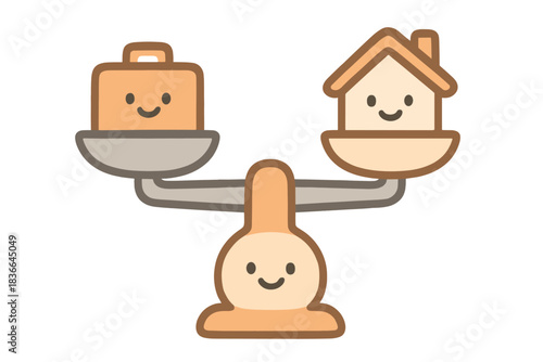 Balanced Life Icon. A cheerful "work-life balance" scales icon with tiny smiling weights, soft rounded doodle forms, pastel orange