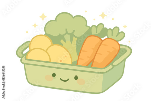 Glowing Harvest Tray. A smiling harvesting tray glowing with tiny happy sparkles, soft rounded friendly shapes, pastel green and