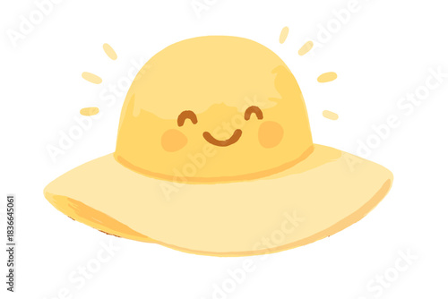 Smiling Sun Hat. A smiling sun hat with tiny cheerful rays bouncing off, soft rounded friendly shapes, pastel yellow and beige