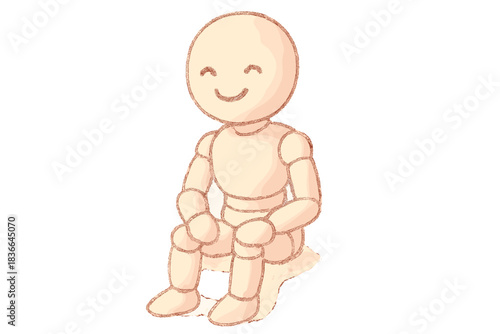 Smiling Mannequin Doodle. A happy seated fit mannequin with tiny smiling marks, soft rounded doodle style, pastel beige and pink