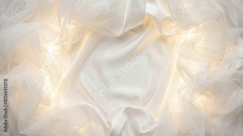 Elegant white fabric folds with soft glowing light. Luxurious silk texture background for fashion design and branding. Pure white as color of the year 2026 concept in apparel and interior trends.