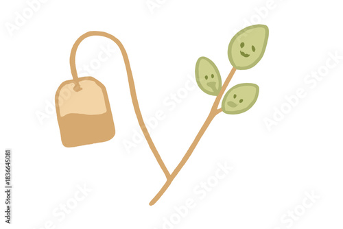Playful Tea Checkmark. A playful checkmark made from a steeped tea bag string with tiny smiling leaves, soft rounded doodle style,