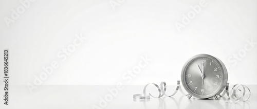 Silver clock surrounded by metallic ribbons on white surface. Time and celebration concept in shimmering silver tones representing 2026 color of the year trend for modern design inspiration and