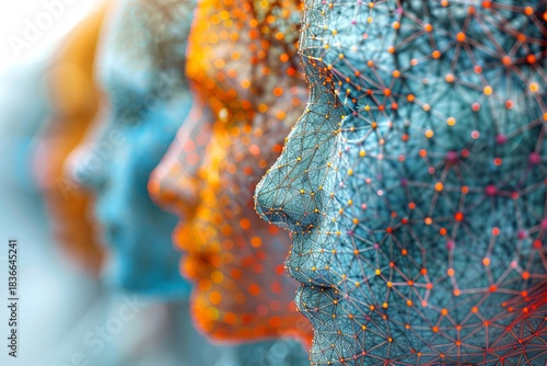 Network connecting human faces symbolizing social relations and sociology patterns