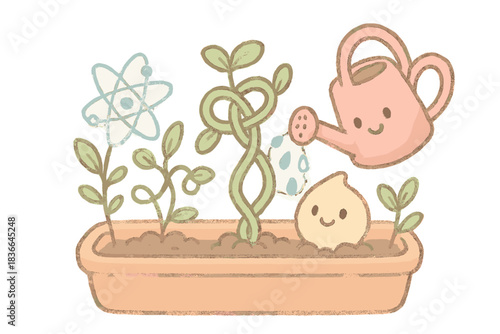 Quantum Garden Doodles. A miniature quantum garden with cheerful seed, watering can, and entangled plants, soft pastel doodle
