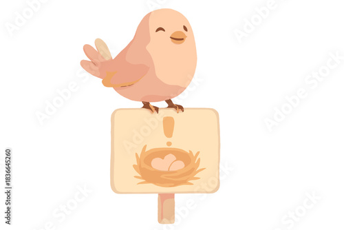 Joyful Bird Sign. A happy bird perched on a cheerful nesting warning sign, soft harmonious pastel palette, No text, No labels,