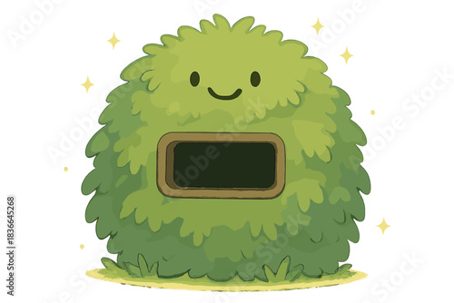 Playful Wildlife Blind. A playful wildlife blind shaped like a happy natural bush, tiny sparkles around, gentle friendly colors,