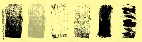 Set of grunge rolled ink stamp textures handmade with brayer. Letterpress vintage rough rectangle vertical backgrounds. Linocut relief printing shapes vector illustration isolated on yellow background