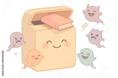 Joyful Book Return. A happy book return slot with tiny recurring nightmares floating away playfully, soft harmonious pastel