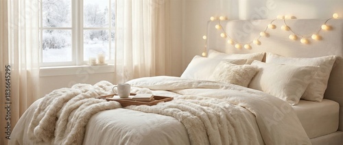 Cozy winter bedroom interior with snowy window and sheer curtains. Fluffy white bedding pillows blanket and hot mug on wooden tray. Warm string lights candles for relaxing home comfort in neutral