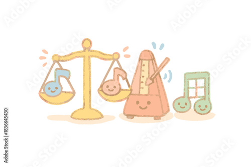 Miniature Musical Harmony. A miniature musical scene with cheerful balance scale, metronome, and harmony chord, soft pastel doodle