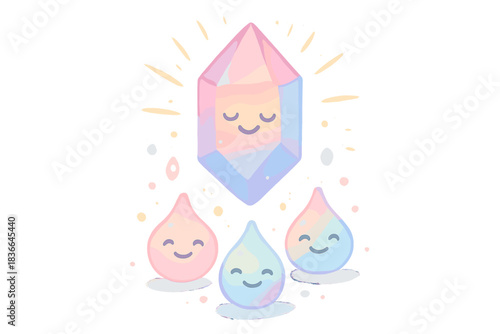 Empathy Crystal Glow. A happy empathy crystal glowing above joyful elixir droplets, soft harmonious pastel palette, No text, No