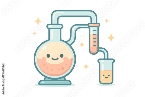 Playful Device Illustration. A playful "feeling transformation" distillation device with a happy face, tiny sparkles around,