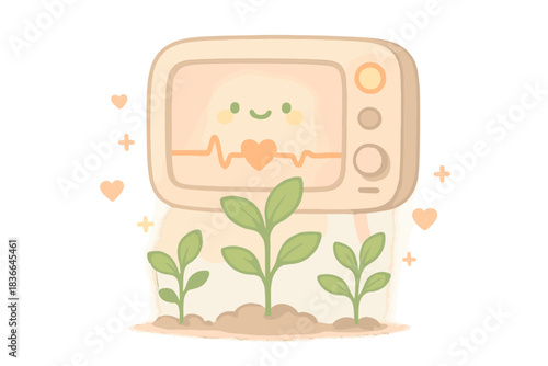 Glowing Plant Health. A happy life support indicator casting tiny glowing health signals on plants, soft harmonious pastel palette