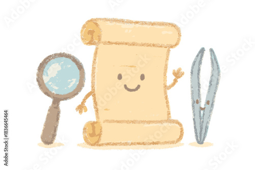 Cheerful Miniature Preservation Scene. A miniature preservation scene with cheerful papyrus scroll, handling tool, and magnifier,