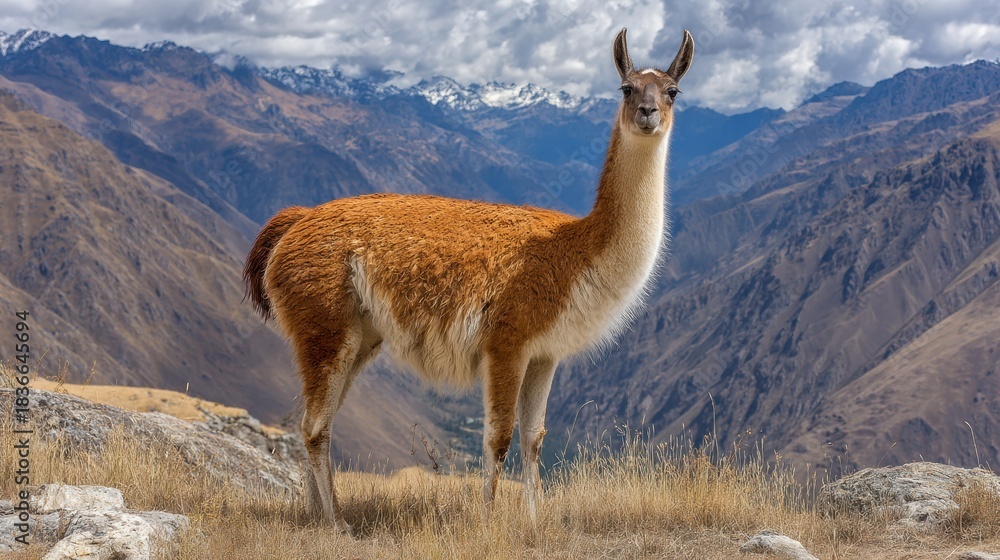 Obraz premium Llama Standing in the Andes Valleys Showing the Importance of Humility in Inca Tradition During Bright Daylight Hours