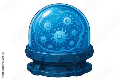 Seawater Microorganism Dome. a sturdy pressure dome filled with seawater and smiling microorganisms swirling inside, cobalt and