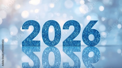 Sparkling Blue 2026 New Year Numbers on Reflective Surface with Glowing Lights and Bokeh Background 