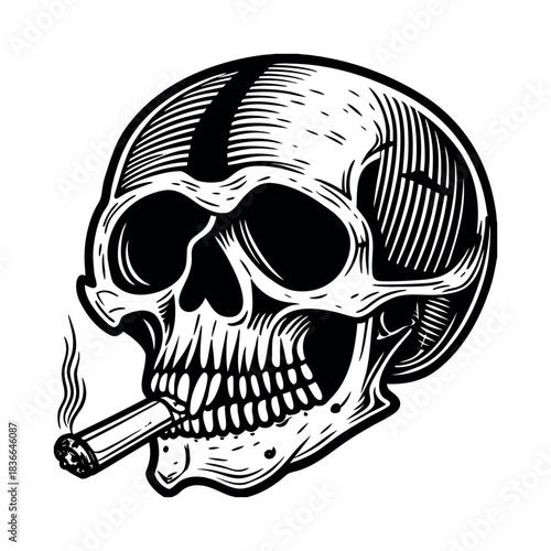 Black and white skull smoking a cigar illustration