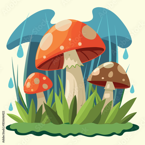 Nature illustration of autumn forest mushrooms, including an amanita toadstool and boletus fungi in the grass