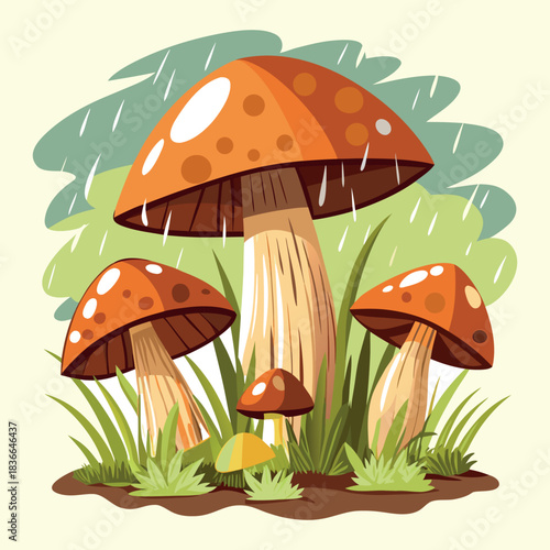 Vector illustration of cartoon mushrooms and toadstools in forest grass, showing various red and brown fungi and food plants
