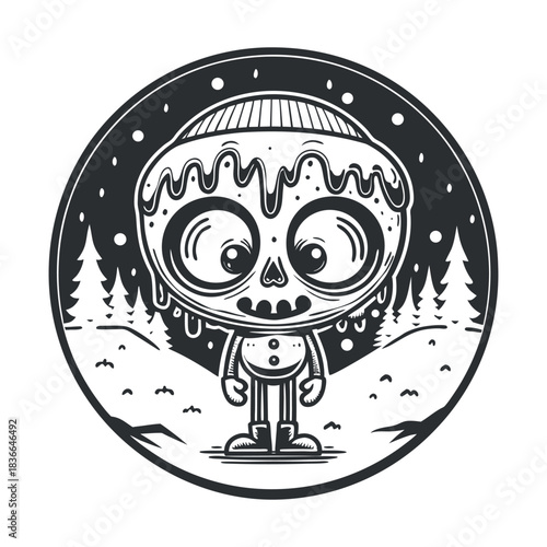 Spooky Character in Snowy Landscape Circle Logo creature