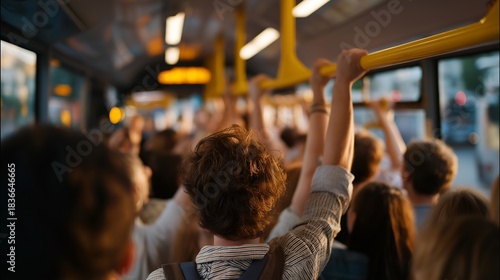 A packed bus during rush hour with passengers holding onto overhead rails, vibrations from the road creating subtle motion blur — public transit pressure, real-life commuting challenges, and urban