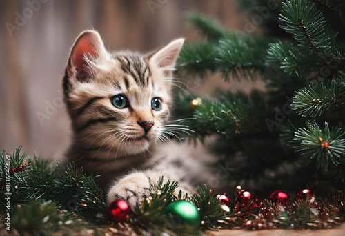 Gray kitten near the Christmas tree