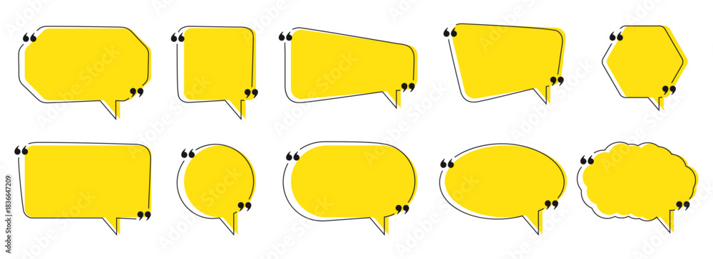 Obraz premium Set of 10 bright yellow speech bubbles in various modern shapes rectangle, oval, cloud, hexagon, rounded with black quotation marks and white outline. Perfect for quotes, testimonials, ads, comics