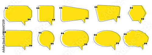 Set of 10 bright yellow speech bubbles in various modern shapes rectangle, oval, cloud, hexagon, rounded with black quotation marks and white outline. Perfect for quotes, testimonials, ads, comics
