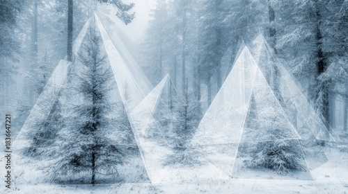 Abstract Geometric Shapes Create Christmas Trees in a Snowy Winter Forest Scene During the Holiday Season With White Snow Covering the Ground