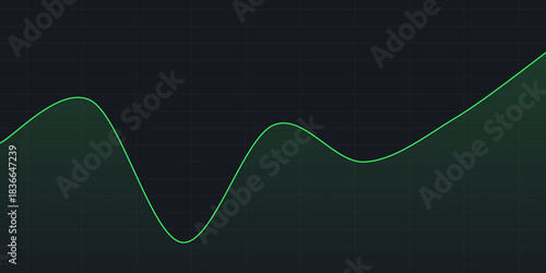 Green wave line chart on dark grid, showing cyclical growth or oscillating trends. Suitable for business analytics, economic cycles, market forecasts, and dashboards depicting steady progress.