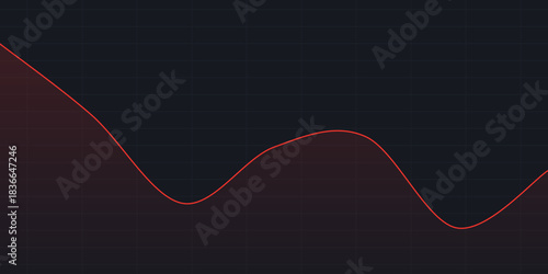 Red wave line chart on dark grid, showing cyclical decline or volatility. Suitable for financial reports, market analysis, and dashboards depicting fluctuating negative trends.