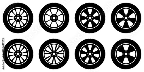 Set of 8 black and white car wheel icons with various rim designs classic, sporty, modern. Perfect for automotive websites, repair shops, tire services, ads, apps infographics. Clean vector style
