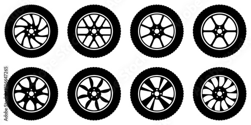 8 black and white car wheel icons with sporty, modern rim designs. Suitable for automotive brands, tire shops, apps, ads, and infographics. Vector style, easy to scale and customize.