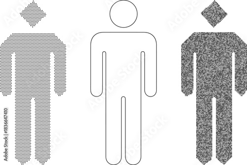Three stylized male figure icons showing outline, halftone pattern, and solid pattern variations
