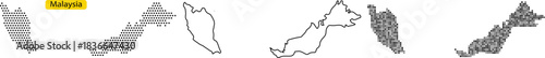 Set of five dotted outline maps of malaysia showing peninsular malaysia and east malaysia islands