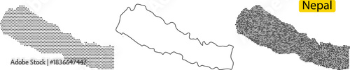 Set of three stylized maps of nepal showing different fill patterns horizontal lines, outline, and grid pattern