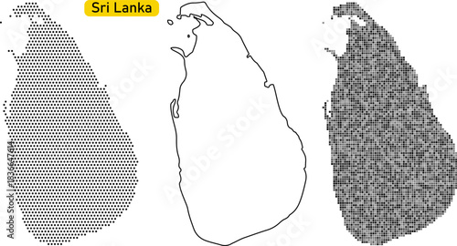 Collection of three stylized map outlines of sri lanka showing dotted, simple line, and grid patterns