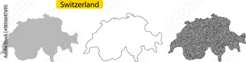 Set of three stylized map icons representing the outline and patterned fill of switzerland